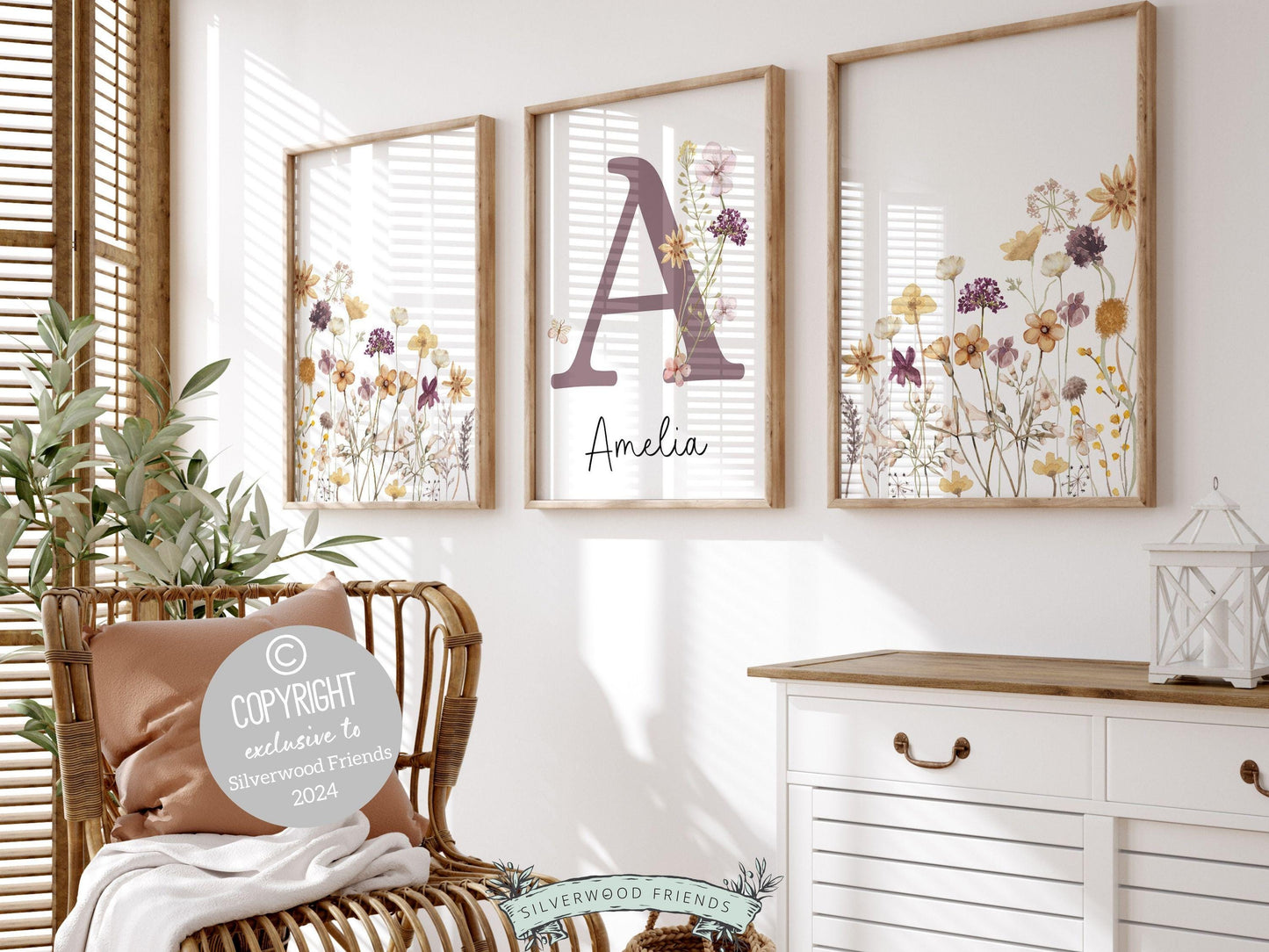 Wildflower Nursery Prints, Floral Boho Nursery Wall Art, Purple Yellow Boho Wildflower Nursery Decor, Girls Wildflower Nursery Digital Print
