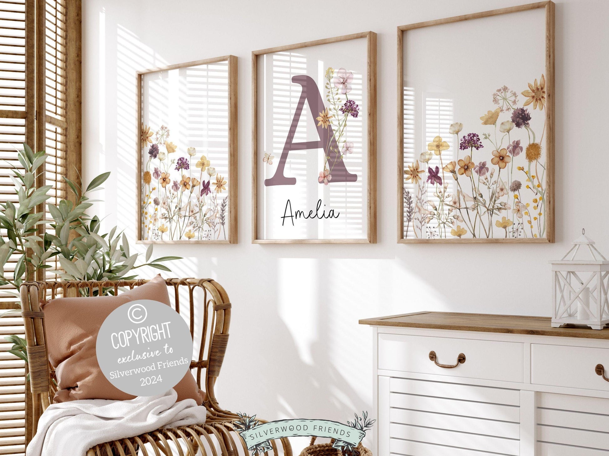 Wildflower Nursery Prints, Floral Boho Nursery Wall Art, Purple Yellow Boho Wildflower Nursery Decor, Girls Wildflower Nursery Digital Print