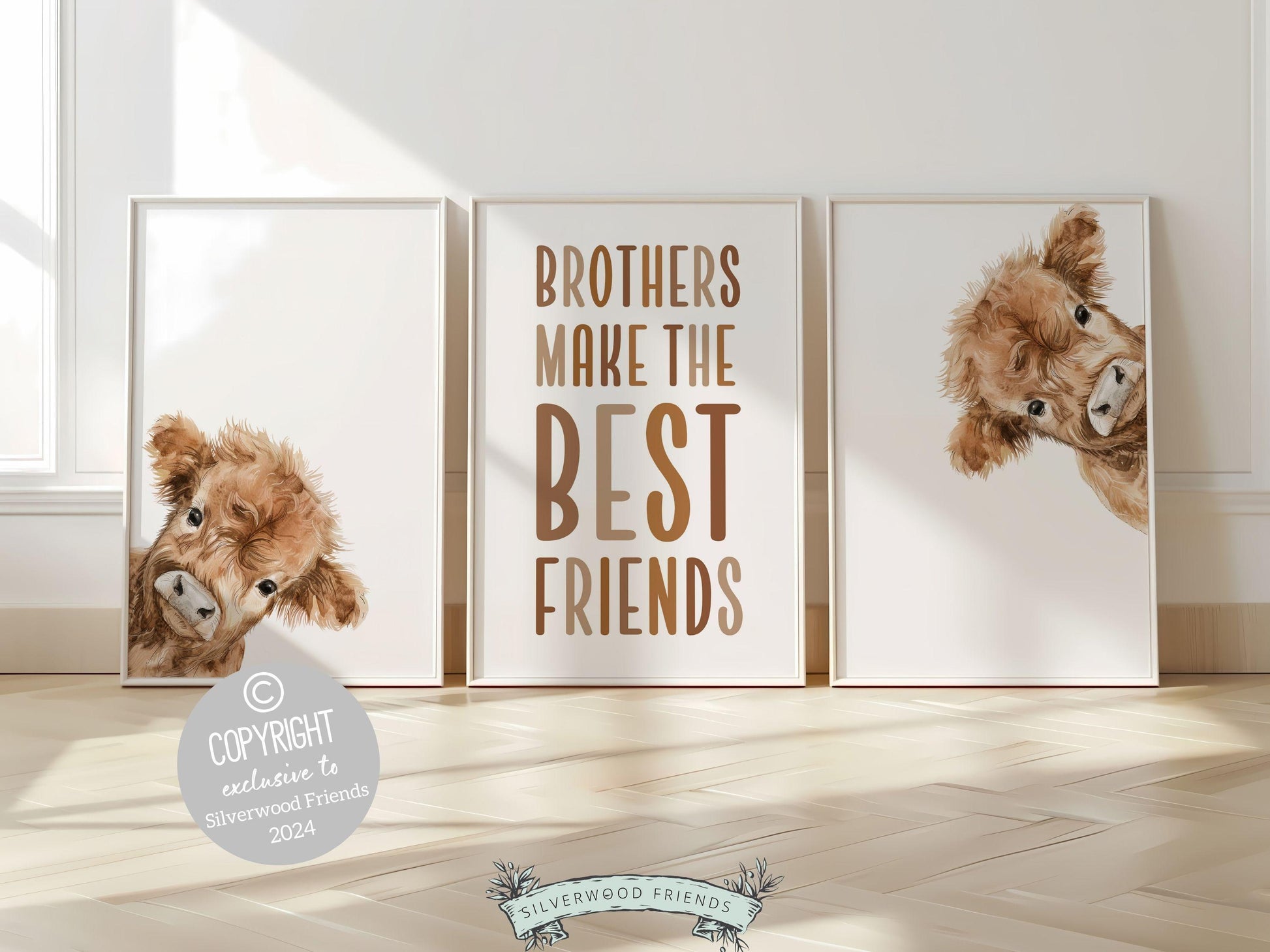 Peeking Highland Cow Nursery Print, Highland Cow Nursery Decor, Boys Room Farm Bedroom Wall Decor, Twin Brothers Bedroom Decor Digital Print