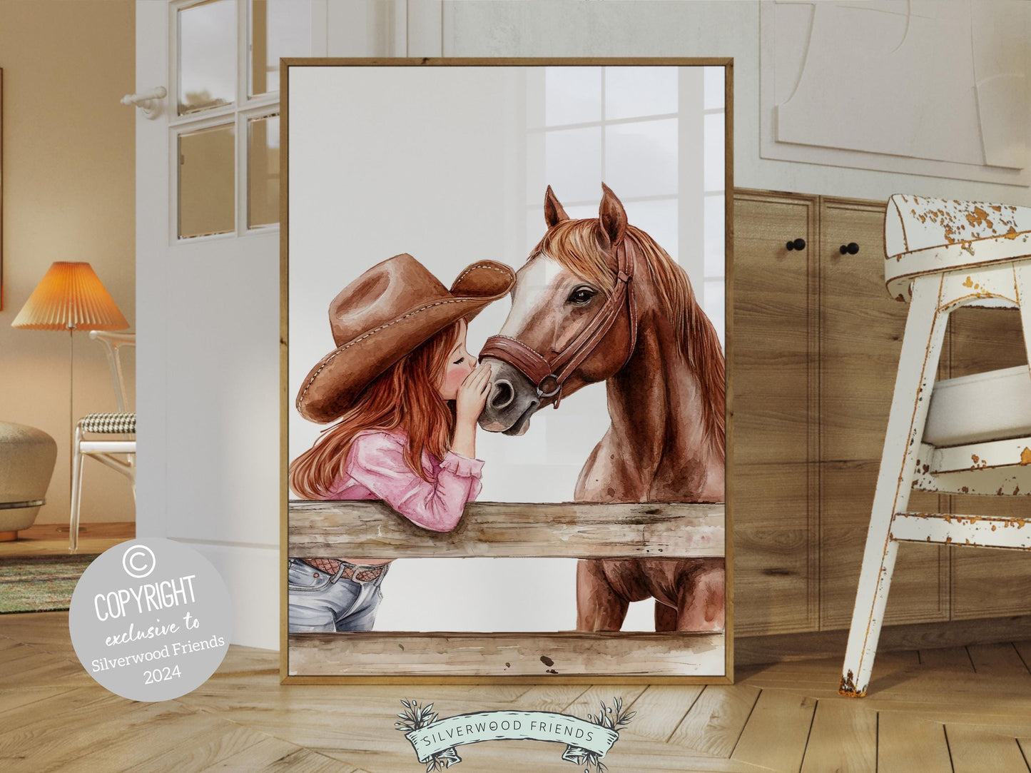 Digital print depicting a red haired cowgirl kissing her beloved horse atop a paddock fence. This artwork enhances your cowgirl themed decor, perfect for your little ones space or as a heartfelt baby shower gift for horse riding enthusiasts.