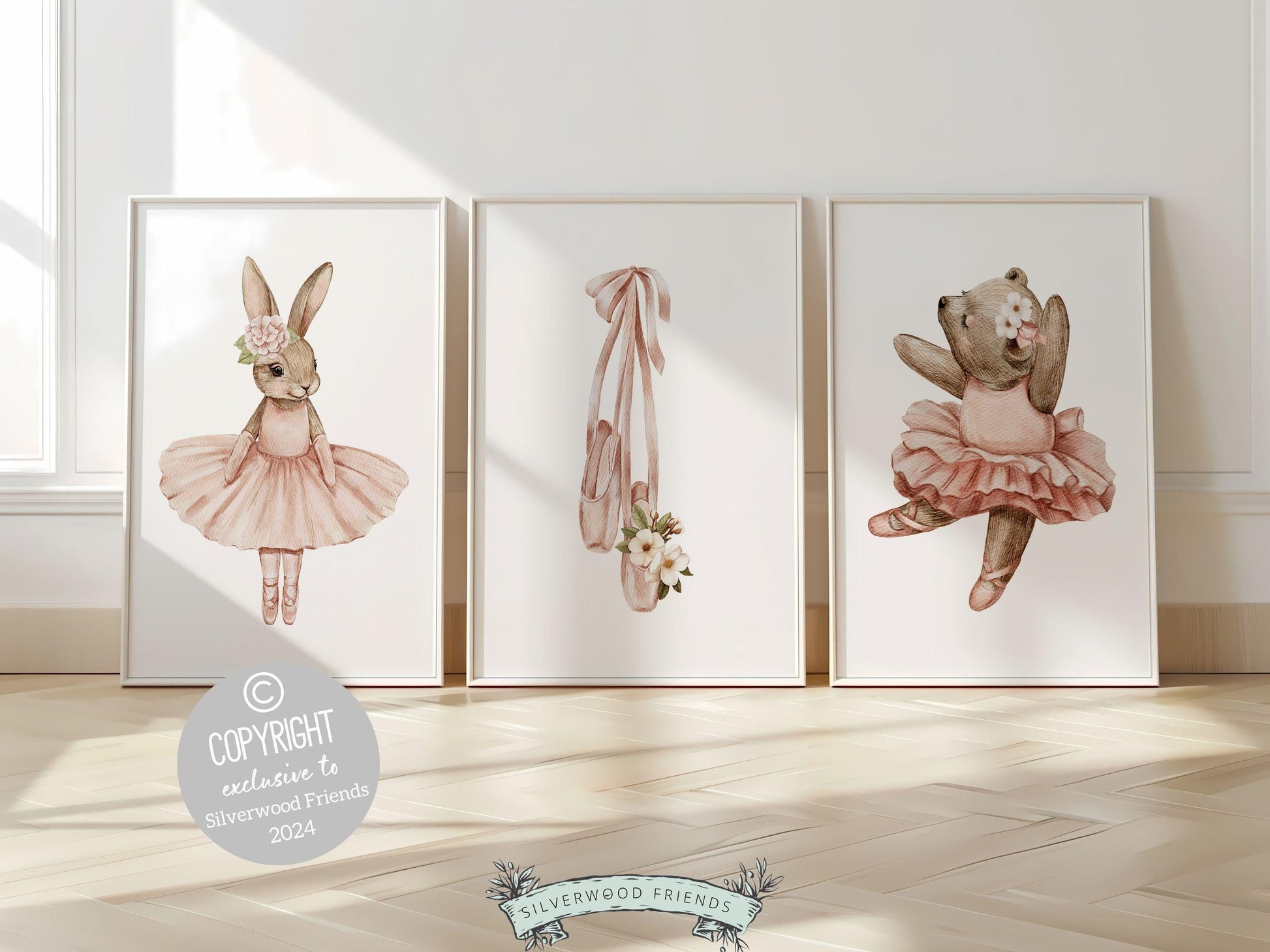 Girls Ballerina Nursery Prints, Baby Girl Ballerina Bear Bunny Nursery Decor, Ballerina Poster Nursery Wall Art,Ballet Bedroom Digital Print