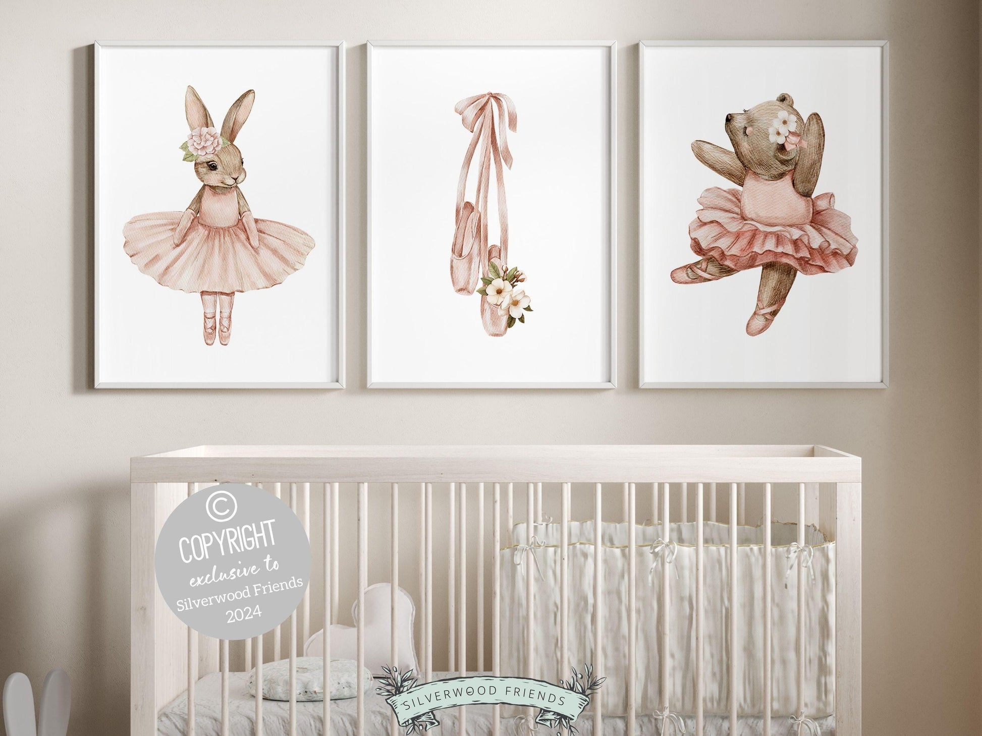 Girls Ballerina Nursery Prints, Baby Girl Ballerina Bear Bunny Nursery Decor, Ballerina Poster Nursery Wall Art,Ballet Bedroom Digital Print