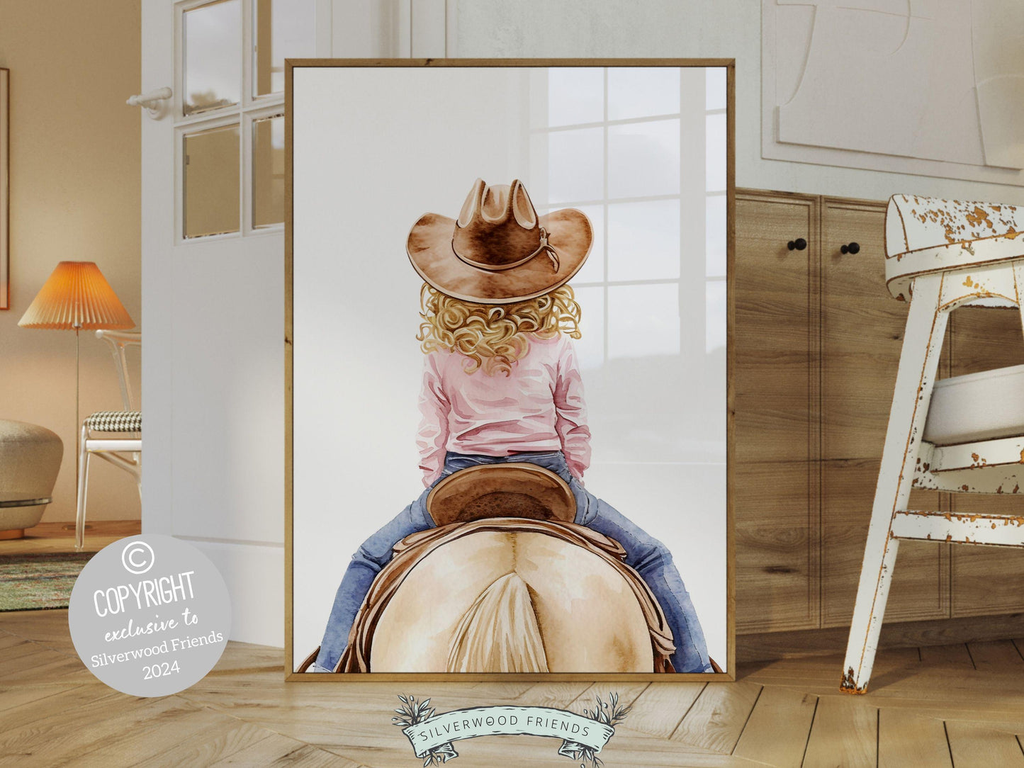 Immerse yourself in the timeless bond between cowgirl and horse with our enchanting digital watercolor print, depicting a cowgirl riding her beloved horse.