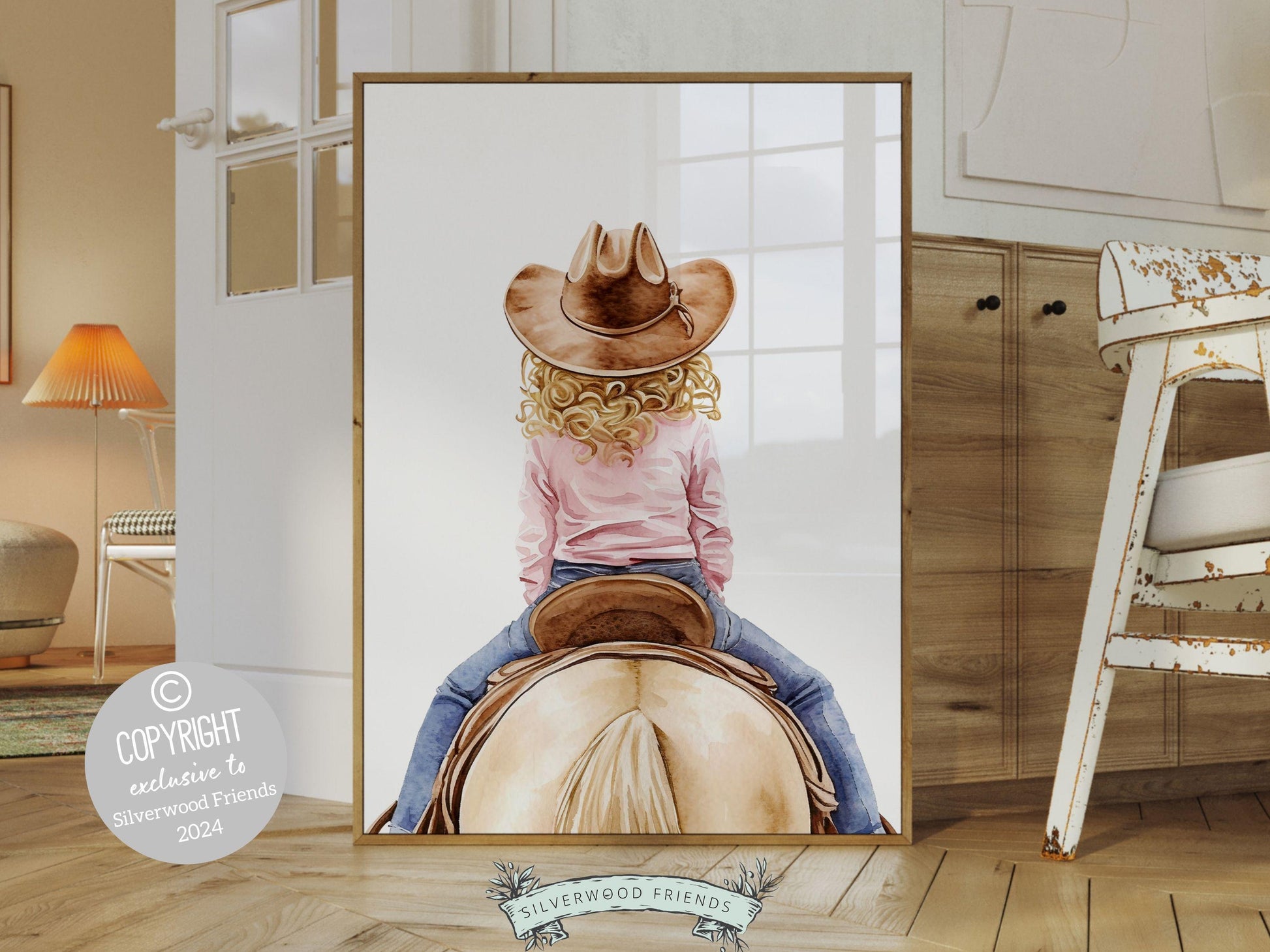 Immerse yourself in the timeless bond between cowgirl and horse with our enchanting digital watercolor print, depicting a cowgirl riding her beloved horse.