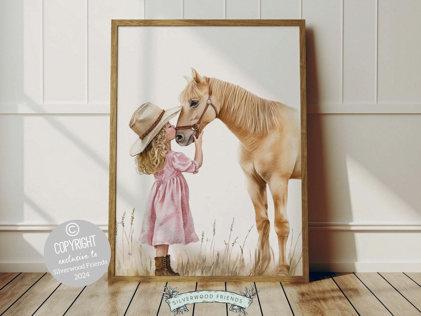 Immerse yourself in the timeless bond between cowgirl and horse with our enchanting digital watercolor print, depicting a cowgirl kissing her beloved horse.