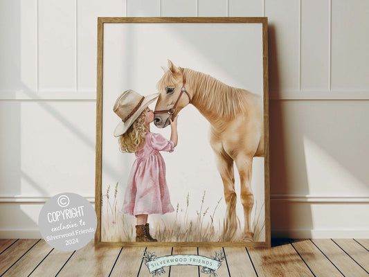 Immerse yourself in the timeless bond between cowgirl and horse with our enchanting digital watercolor print, depicting a cowgirl kissing her beloved horse.