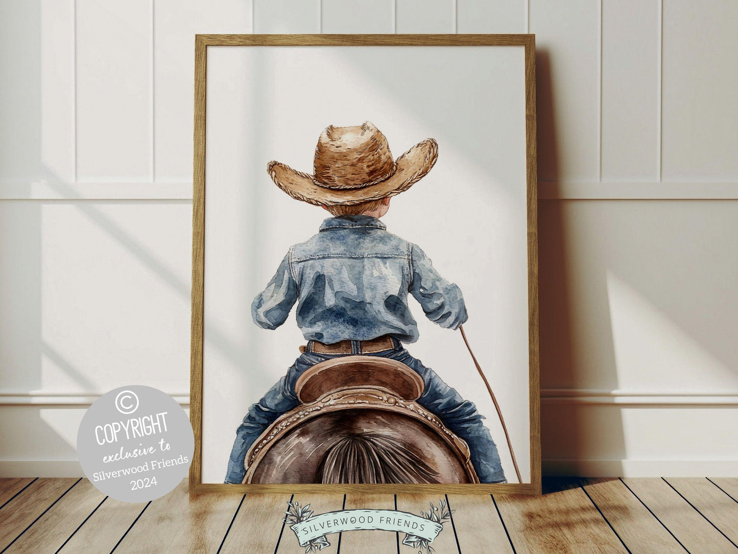 Cowboy Nursery Print, featuring an adorable little cowboy riding his trusty horse. Perfect for western themed decor and a thoughtful cowboy baby shower gift for horse loving families.