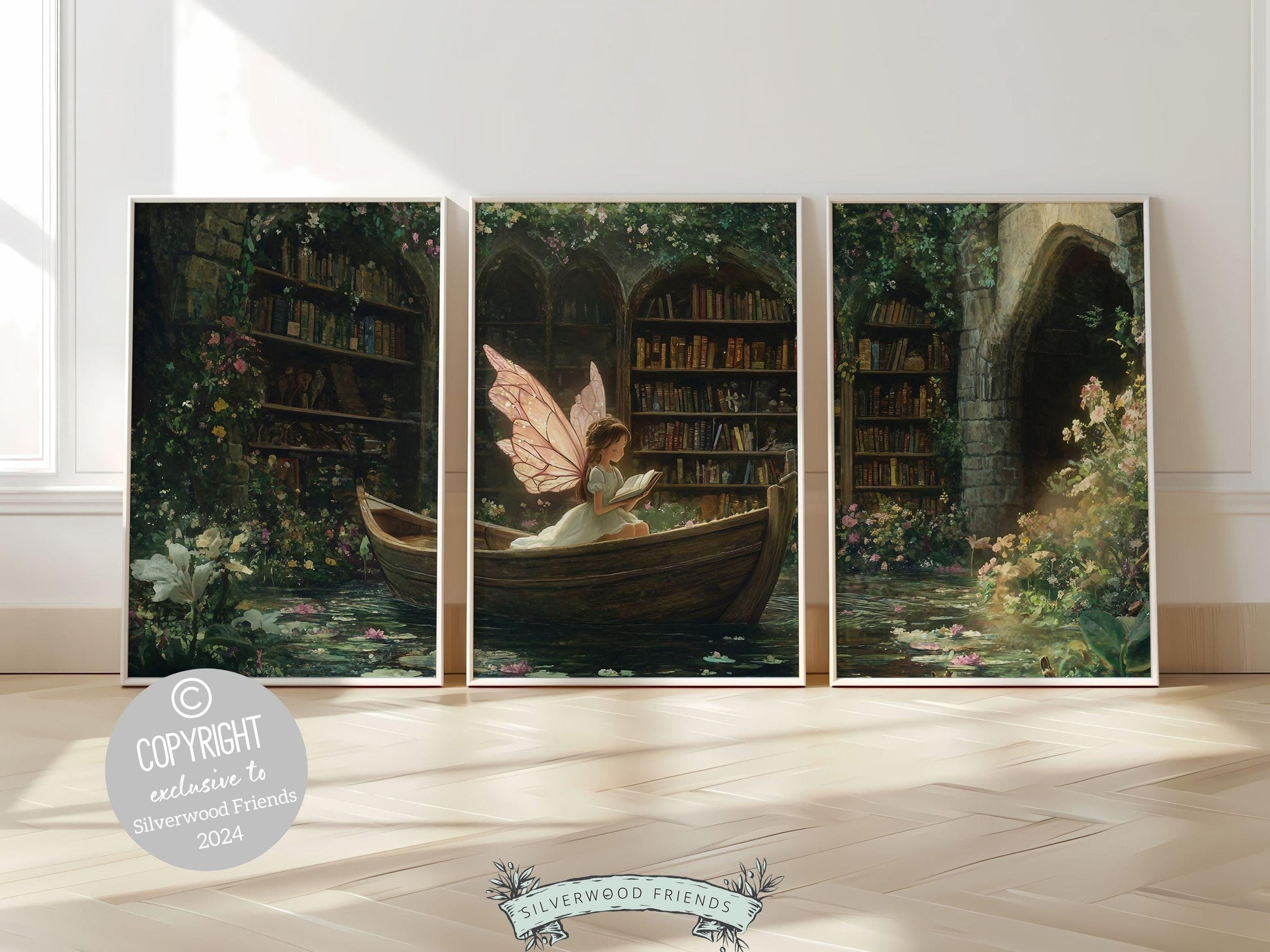 Fairy Nursery Prints Set of 3 featuring a whimsical fairy reading a book in a boat, surrounded by wildflowers and books, all beautifully illustrated in a classic storybook style.