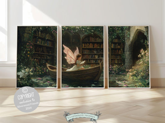 Fairy Nursery Prints Set of 3 featuring a whimsical fairy reading a book in a boat, surrounded by wildflowers and books, all beautifully illustrated in a classic storybook style.