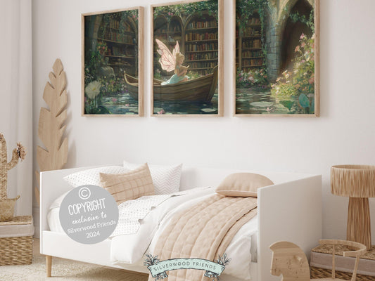 Fairy Nursery Prints Set of 3 featuring a whimsical fairy reading a book in a boat, surrounded by wildflowers and books, all beautifully illustrated in a classic storybook style.