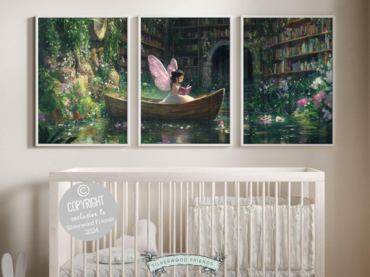 Fairy Nursery Prints Set of 3 featuring an Asian fairy reading a book in a boat, surrounded by wildflowers, butterflies, and books, all beautifully illustrated in a classic storybook style.