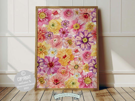 Wildflower Nursery Print with watercolor wildflower meadow flowers is perfect for your baby girl&#39;s wildflower nursery decor and also makes a unique baby shower gift. This print is part of our Pink Meadow Collection exclusive to Silverwood Friends
