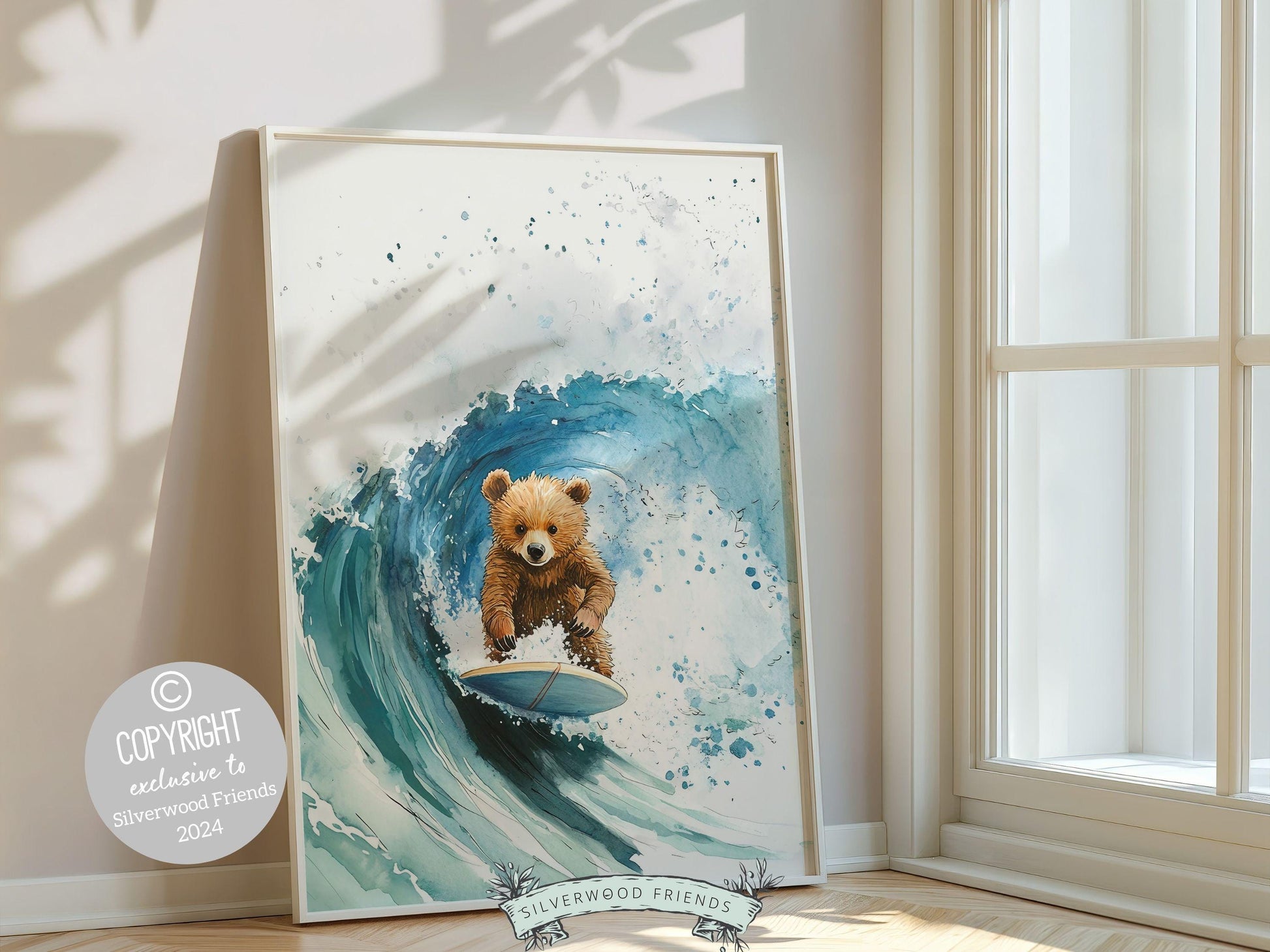 Bear Surfing Nursery Print, Coastal Beach House Surf Nursery Decor, Surfing Animal Nursery Wall Art, Kids Surf Room Wall Decor Digital Print
