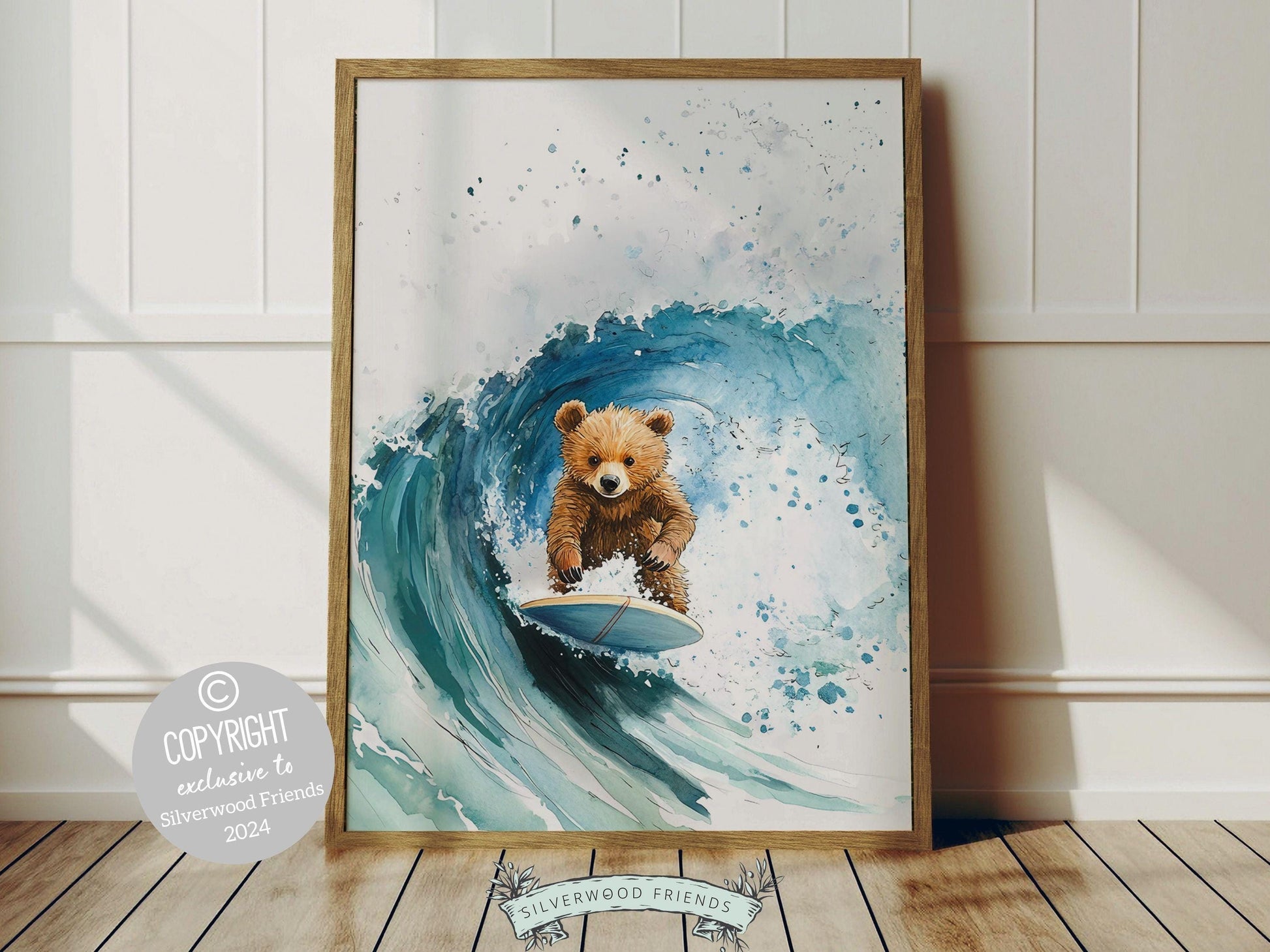 Our charming Bear Surfing Nursery Print showcases an adorable watercolor surfing brown bear, perfect for adding a playful touch to your bear or surfing themed nursery. It also makes a unique and thoughtful baby shower gift!