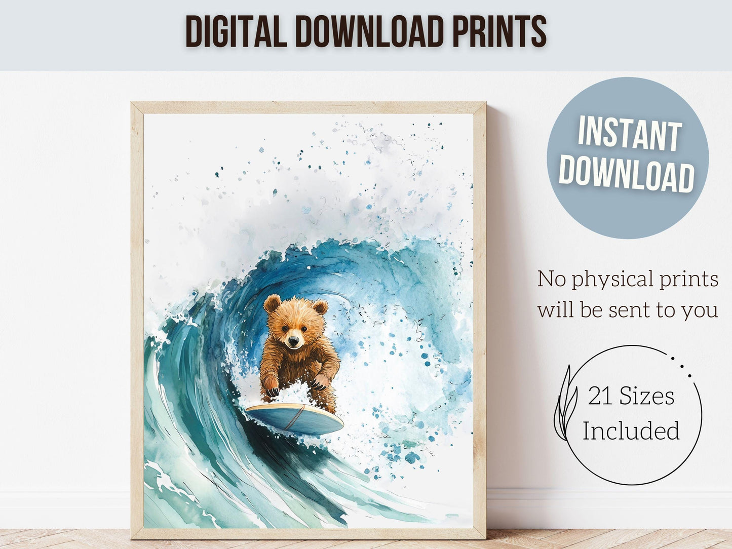 Bear Surfing Nursery Print, Coastal Beach House Surf Nursery Decor, Surfing Animal Nursery Wall Art, Kids Surf Room Wall Decor Digital Print