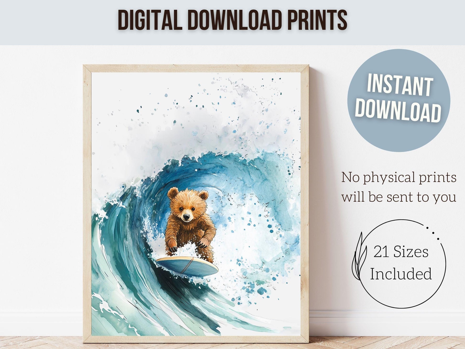 Bear Surfing Nursery Print, Coastal Beach House Surf Nursery Decor, Surfing Animal Nursery Wall Art, Kids Surf Room Wall Decor Digital Print