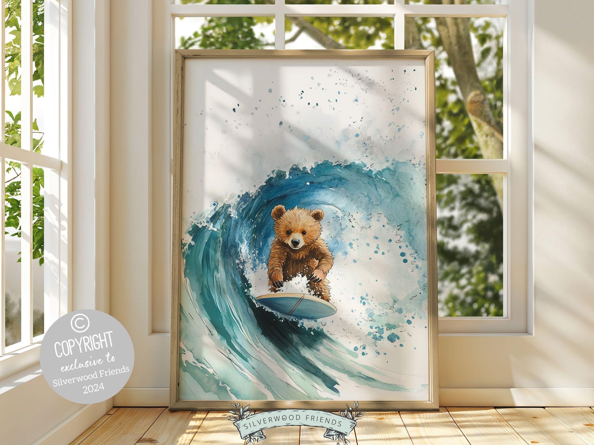Bear Surfing Nursery Print, Coastal Beach House Surf Nursery Decor, Surfing Animal Nursery Wall Art, Kids Surf Room Wall Decor Digital Print