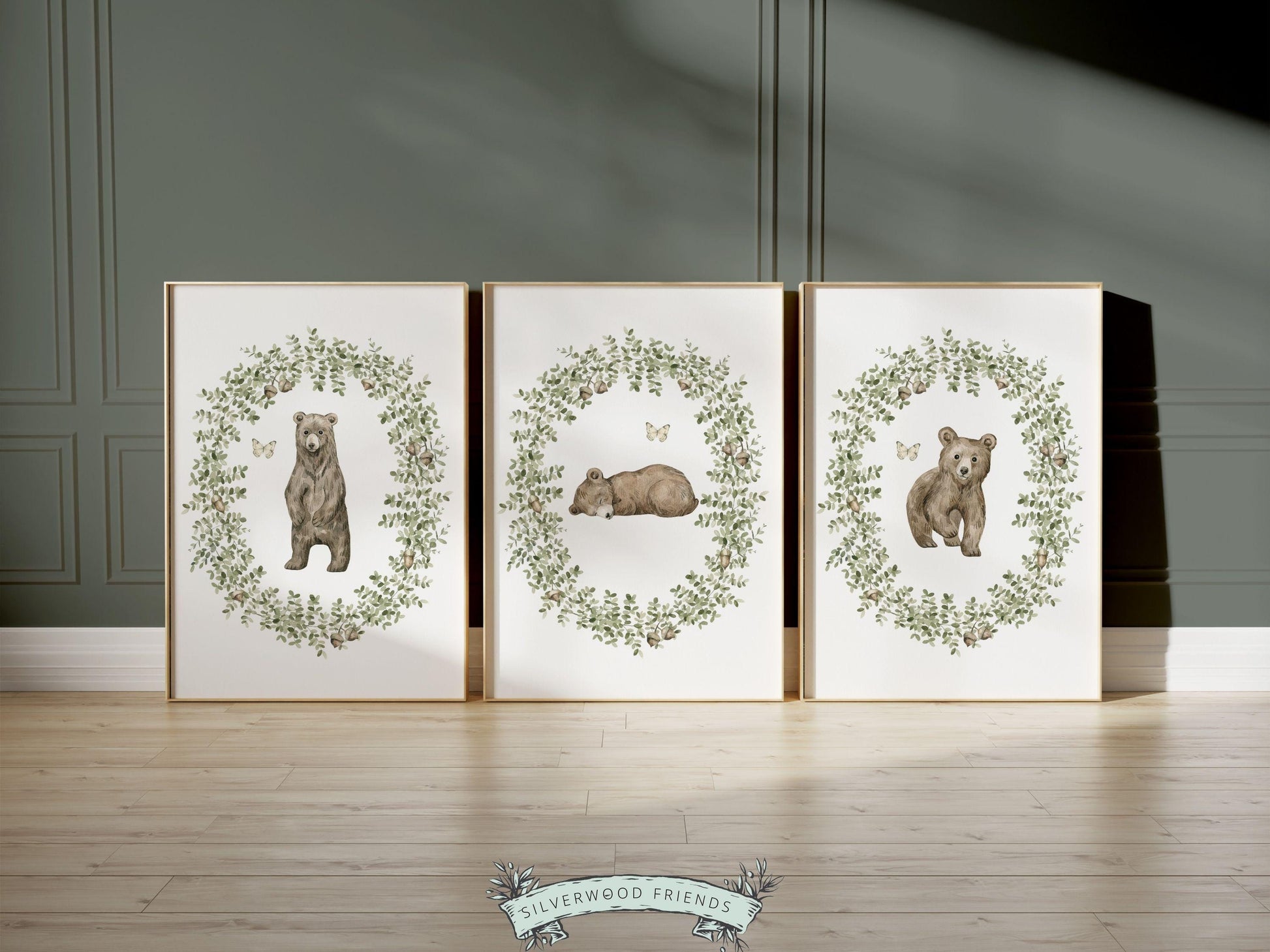 Baby Bear Nursery Prints, Boys Sage Green Woodland Bear Nursery Decor, Teddy Bear Nursery Wall Art, Woodland Neutral Nursery Digital Print