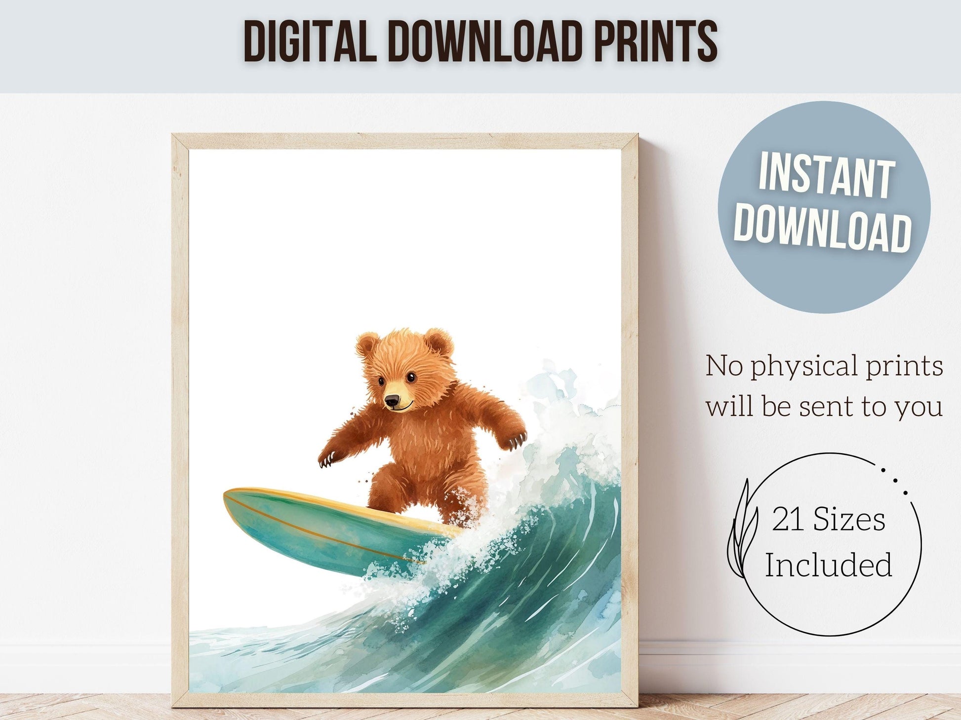 Bear Surfing Nursery Print, Coastal Beach House Surf Nursery Decor, Surfing Animal Nursery Wall Art, Kids Surf Room Wall Decor Digital Print