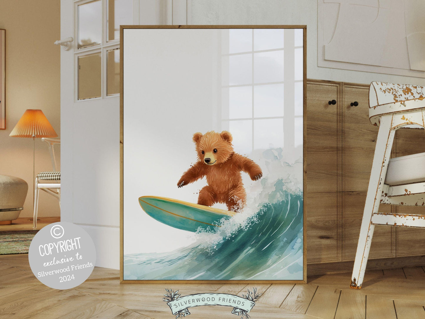 Bear Surfing Nursery Print, Coastal Beach House Surf Nursery Decor, Surfing Animal Nursery Wall Art, Kids Surf Room Wall Decor Digital Print