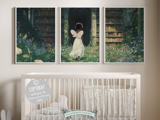 Fairy Nursery Prints Set of 3 features an African American fairy strolling through a forest meadow surrounded by books and wildflowers, beautifully illustrated in a classic storybook style.