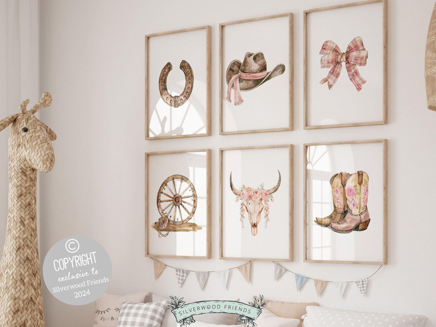 Infuse your baby girl&#39;s nursery with western flair using our Set of 6 Cowgirl Nursery Prints, showcasing watercolor cowgirl essentials in soft pink and brown hues.