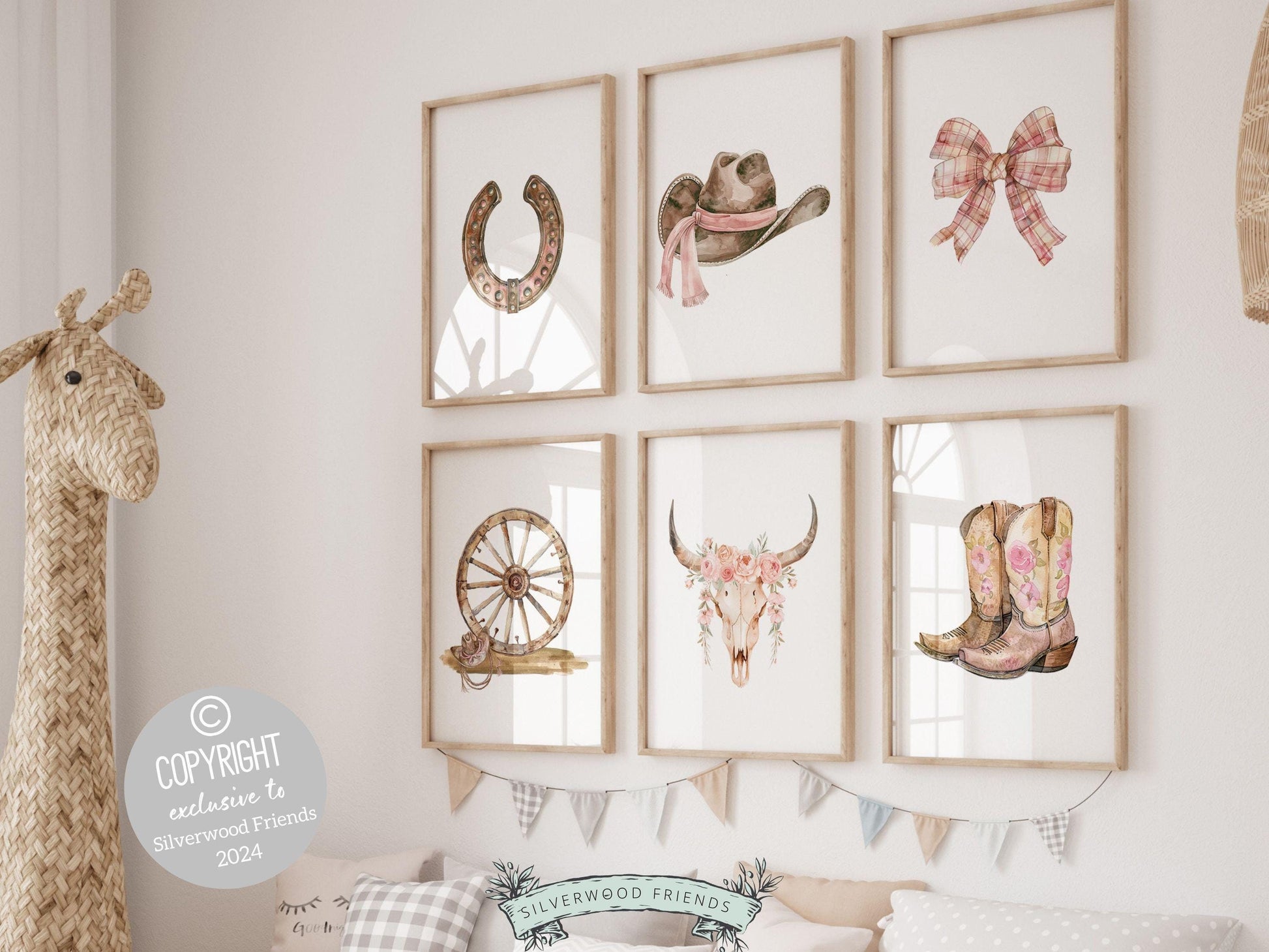 Infuse your baby girl&#39;s nursery with western flair using our Set of 6 Cowgirl Nursery Prints, showcasing watercolor cowgirl essentials in soft pink and brown hues.