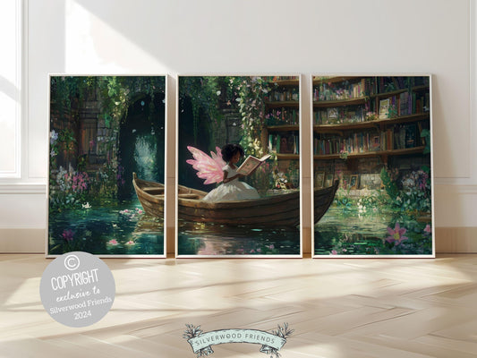 Fairy Nursery Prints Set of 3 features an African American fairy reading a book in a boat, surrounded by wildflowers, butterflies, and books, beautifully illustrated in a classic storybook style.