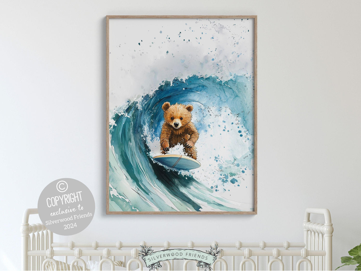 Bear Surfing Nursery Print, Coastal Beach House Surf Nursery Decor, Surfing Animal Nursery Wall Art, Kids Surf Room Wall Decor Digital Print