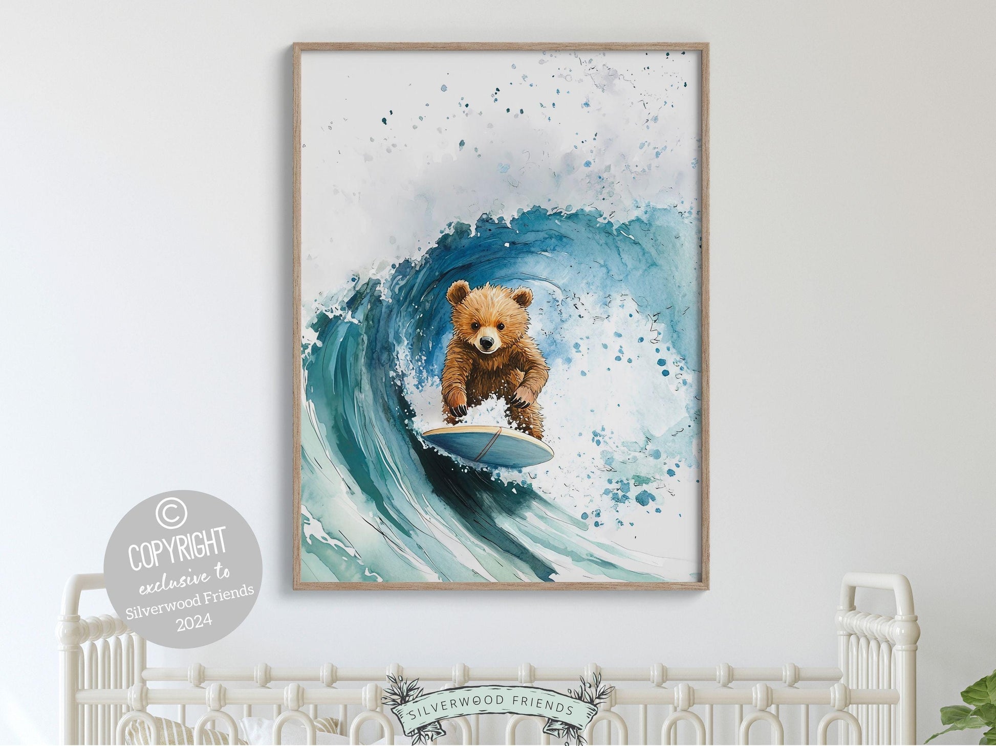 Bear Surfing Nursery Print, Coastal Beach House Surf Nursery Decor, Surfing Animal Nursery Wall Art, Kids Surf Room Wall Decor Digital Print