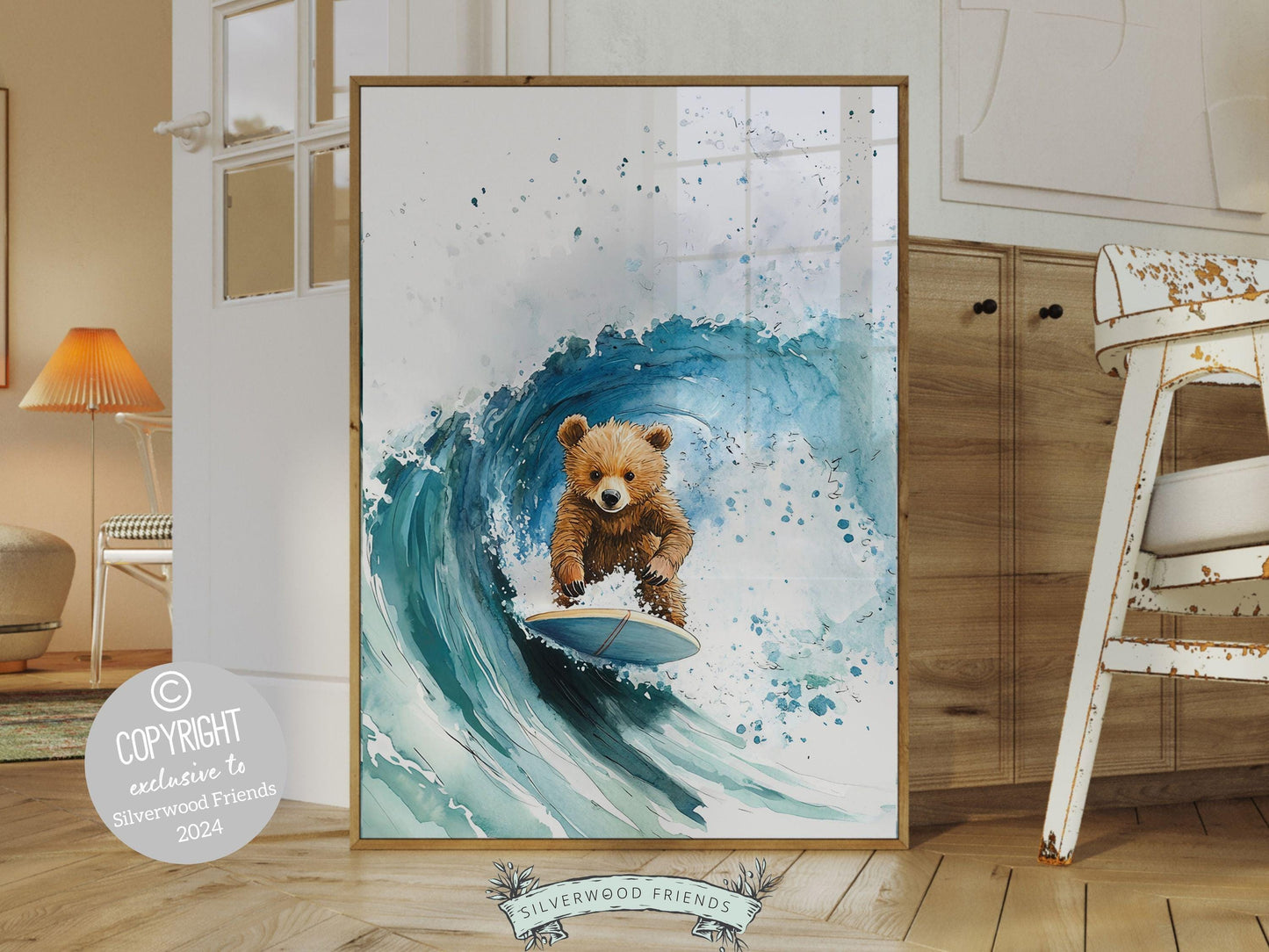 Bear Surfing Nursery Print, Coastal Beach House Surf Nursery Decor, Surfing Animal Nursery Wall Art, Kids Surf Room Wall Decor Digital Print