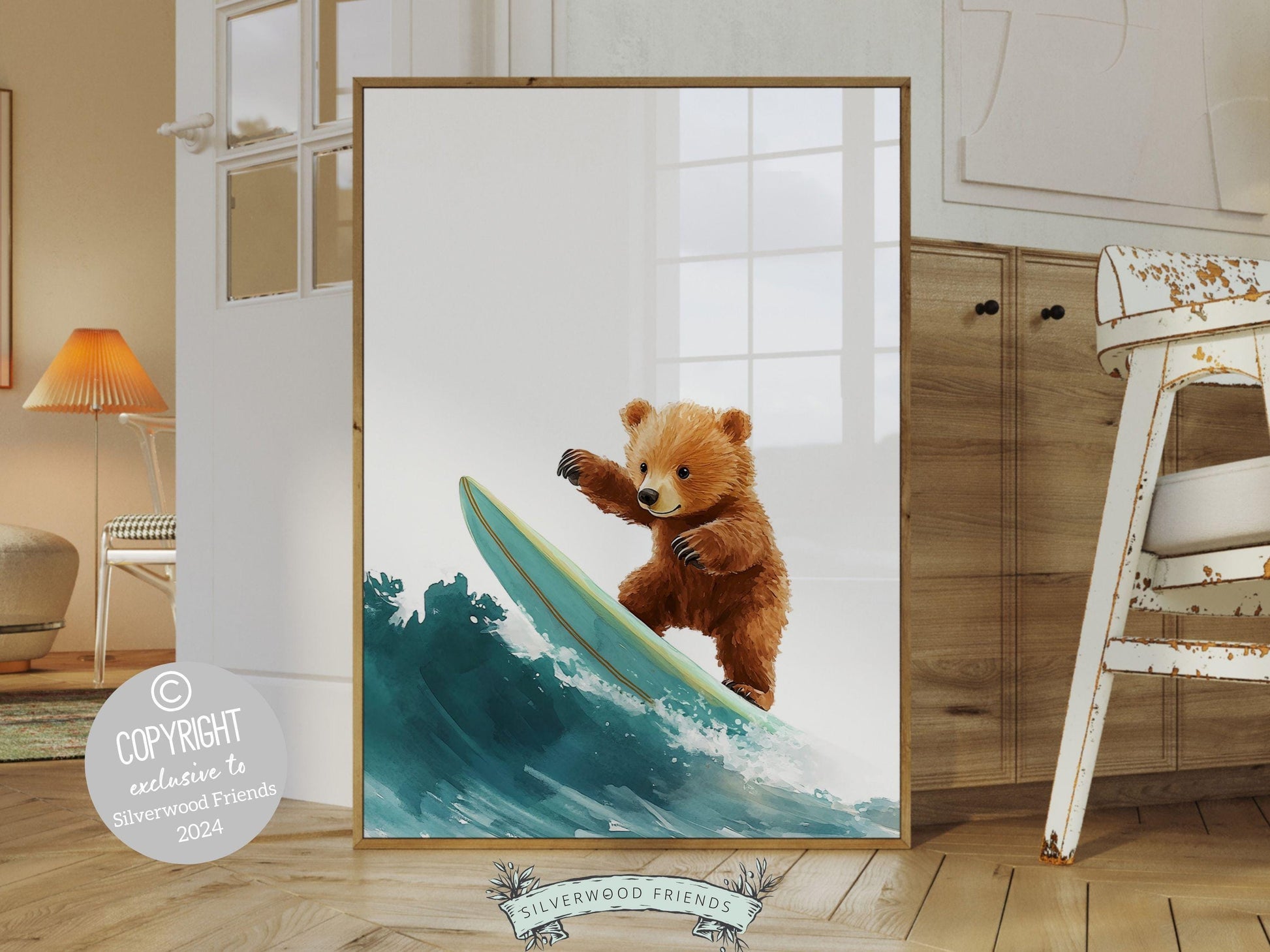 Bear Surfing Nursery Print, Coastal Beach House Surf Nursery Decor, Surfing Animal Nursery Wall Art, Kids Surf Room Wall Decor Digital Print