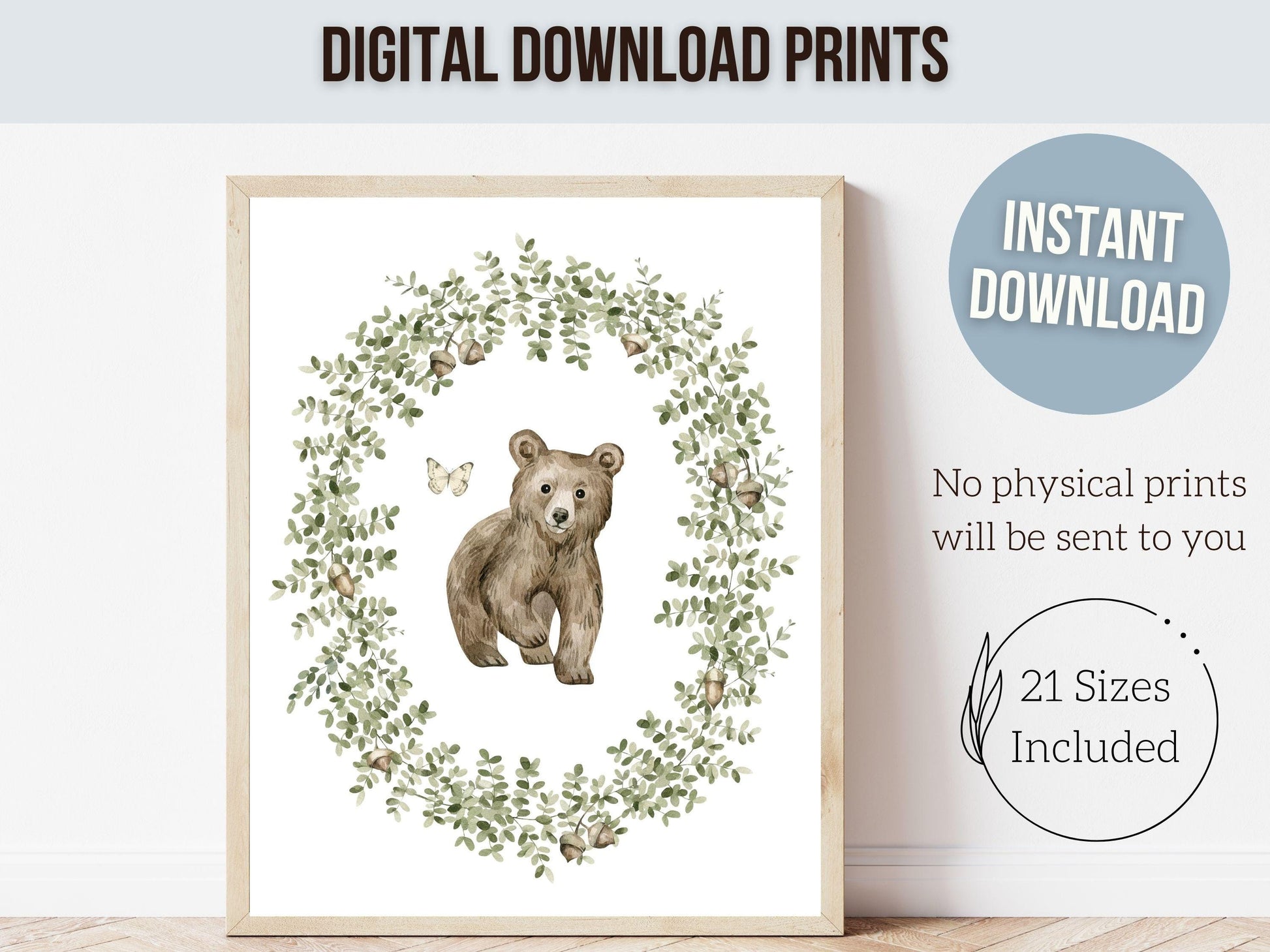 Baby Bear Nursery Prints, Boys Sage Green Woodland Bear Nursery Decor, Teddy Bear Nursery Wall Art, Woodland Neutral Nursery Digital Print