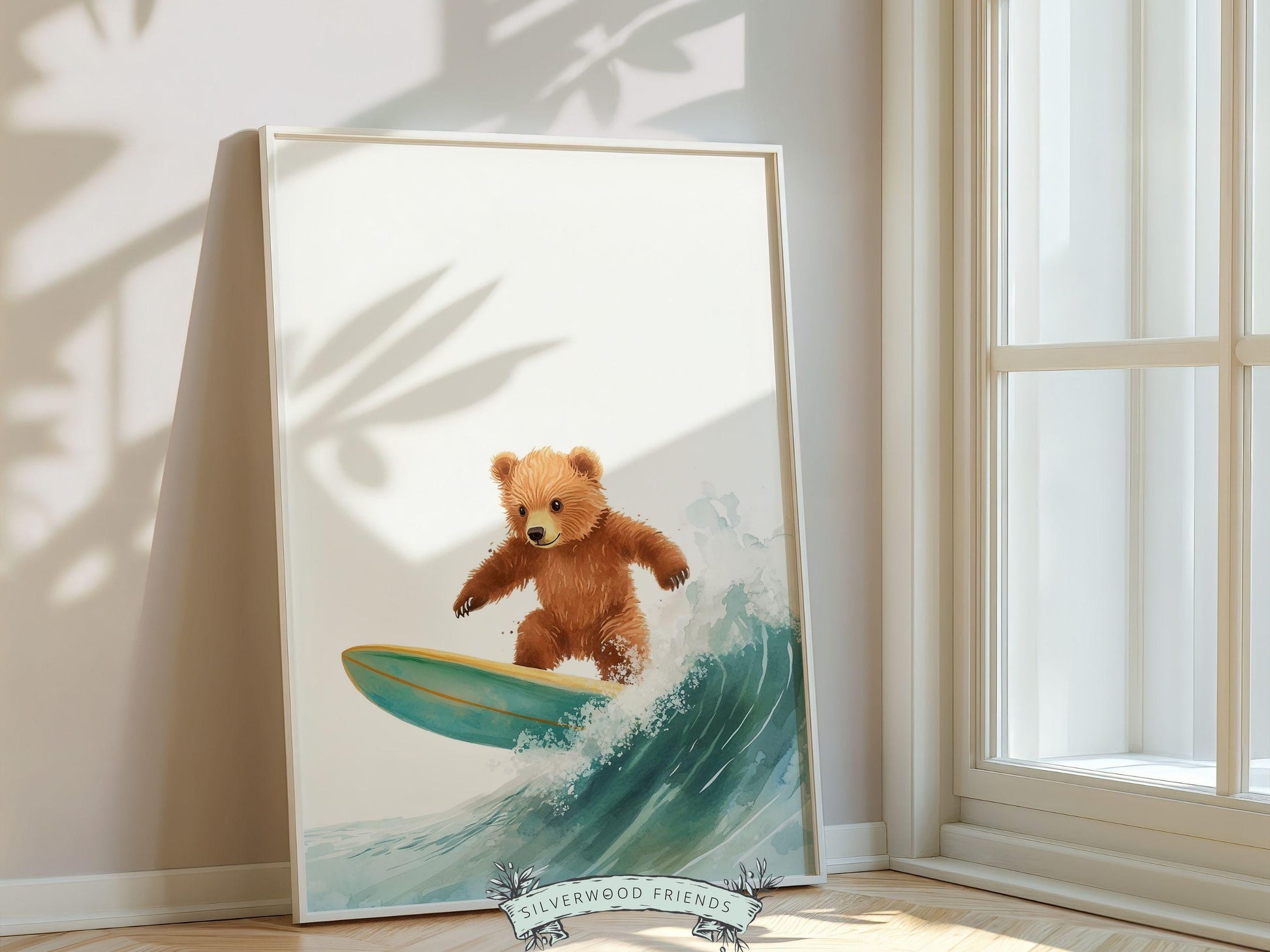 Bear Surfing Nursery Print, Coastal Beach House Surf Nursery Decor, Surfing Animal Nursery Wall Art, Kids Surf Room Wall Decor Digital Print