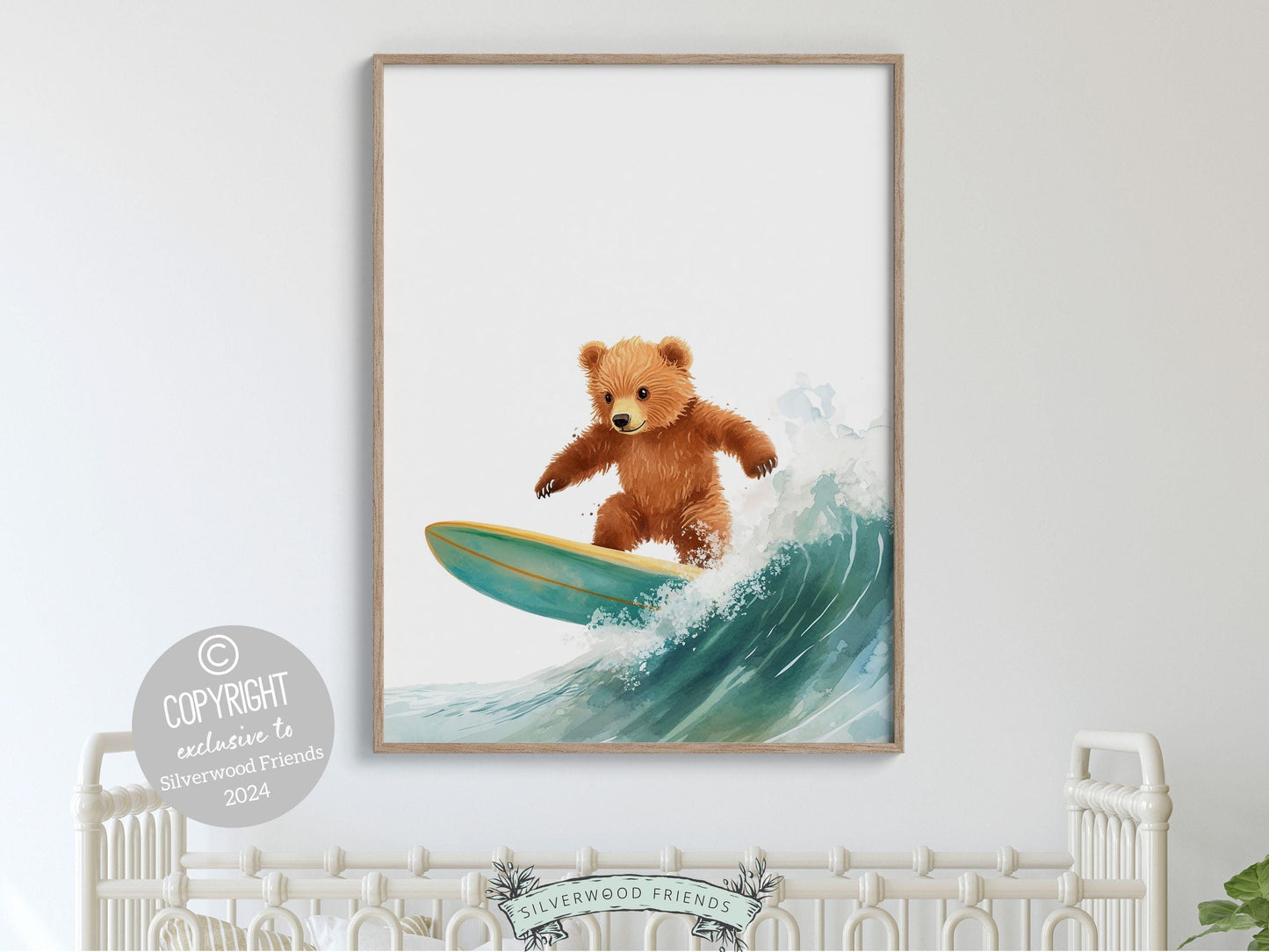 Bear Surfing Nursery Print, Coastal Beach House Surf Nursery Decor, Surfing Animal Nursery Wall Art, Kids Surf Room Wall Decor Digital Print