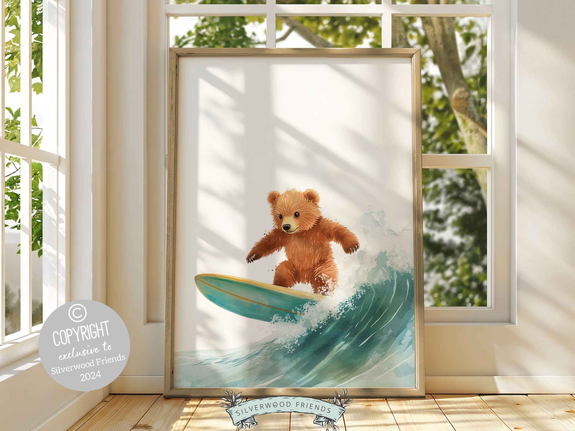 Bear Surfing Nursery Print, Coastal Beach House Surf Nursery Decor, Surfing Animal Nursery Wall Art, Kids Surf Room Wall Decor Digital Print