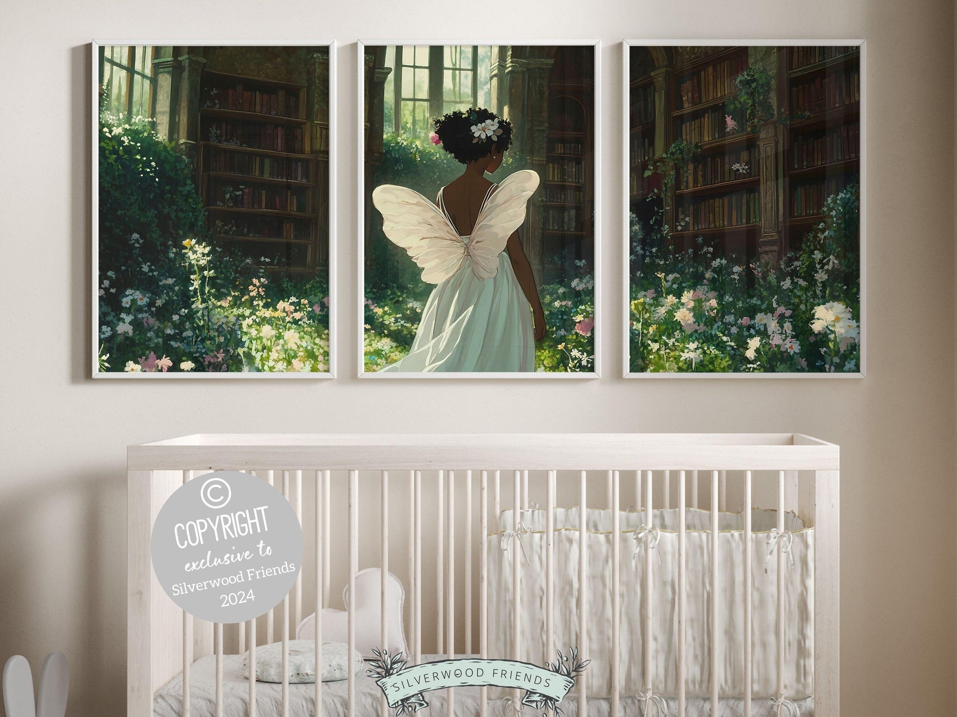 My Fairy Nursery Prints Set of 3 features an African American fairy strolling through a forest meadow surrounded by books and wildflowers, beautifully illustrated in a classic storybook style.
