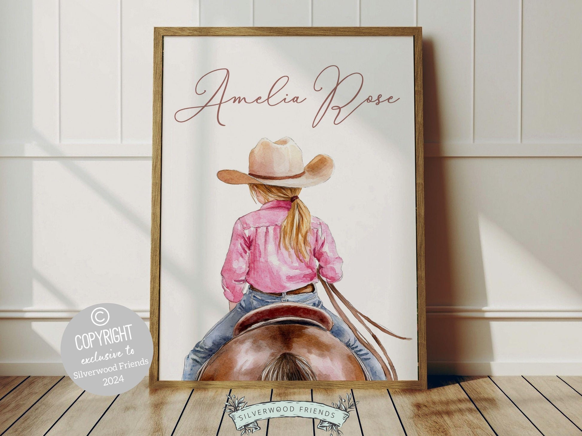 Immerse yourself in the timeless bond between cowgirl and horse with our enchanting custom name watercolor print, depicting a little girl riding her horse.