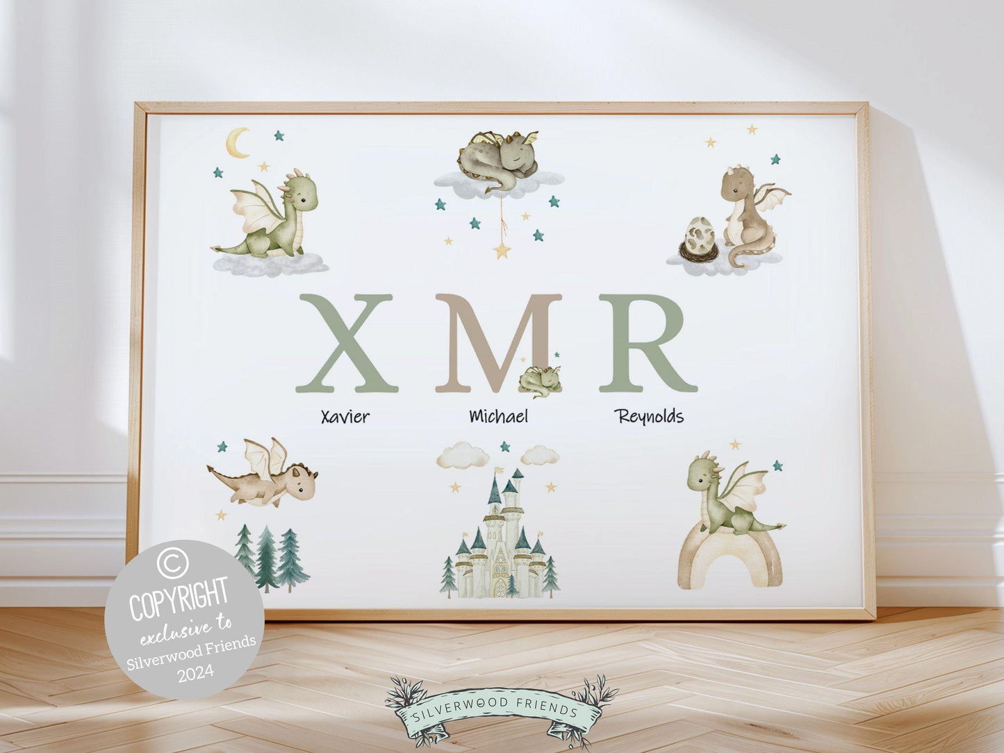 Our gorgeous Custom Baby Dragon Nursery Name Print with watercolor dragons, clouds, and woodland forest, is perfect for your dragon nursery decor or fantasy theme nursery and also makes a unique gender neutral baby shower gift.