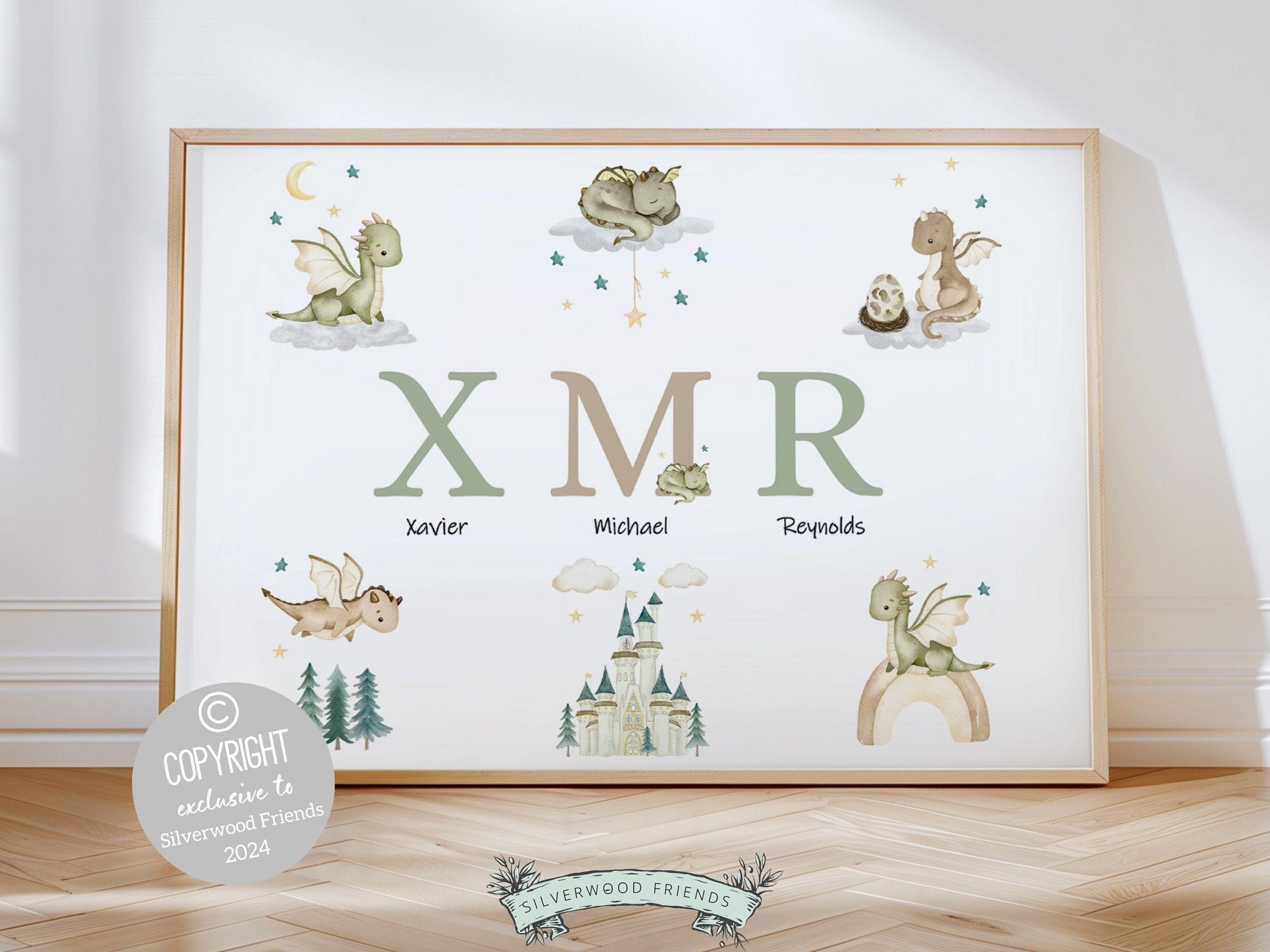 Our gorgeous Custom Baby Dragon Nursery Name Print with watercolor dragons, clouds, and woodland forest, is perfect for your dragon nursery decor or fantasy theme nursery and also makes a unique gender neutral baby shower gift.