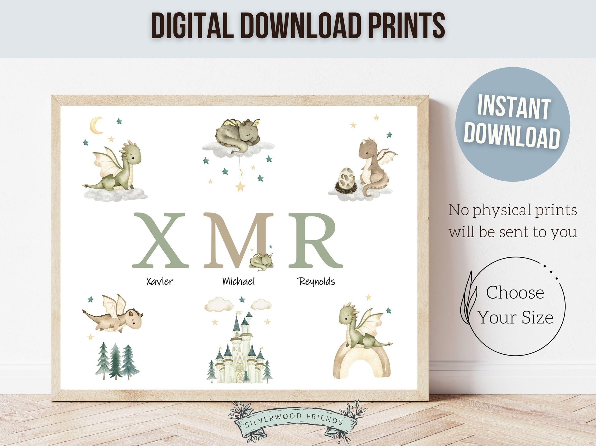 Baby Dragon Nursery Print, Baby Dragon Nursery Decor, Custom Dragon Baby Name Nursery Wall Art Print , Personalized Fairytale Digital Print