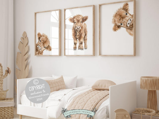Our Peeking Highland Cow Nursery Prints features adorable peeking baby highland cows set on a white background.