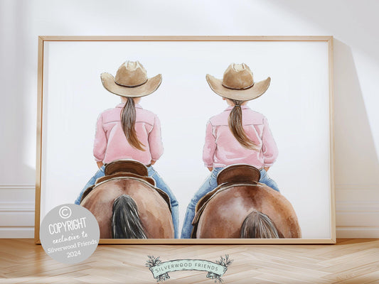 Immerse yourself in the timeless bond between cowgirls and their horses with our enchanting watercolor print, depicting two little girls riding their horses side by side.