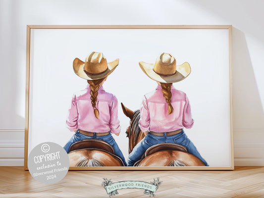 Immerse yourself in the timeless bond between cowgirls and their horses with our enchanting watercolor print, depicting two little girls riding their horses side by side.