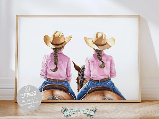 Immerse yourself in the timeless bond between cowgirls and their horses with our enchanting watercolor print, depicting two little girls riding their horses side by side.