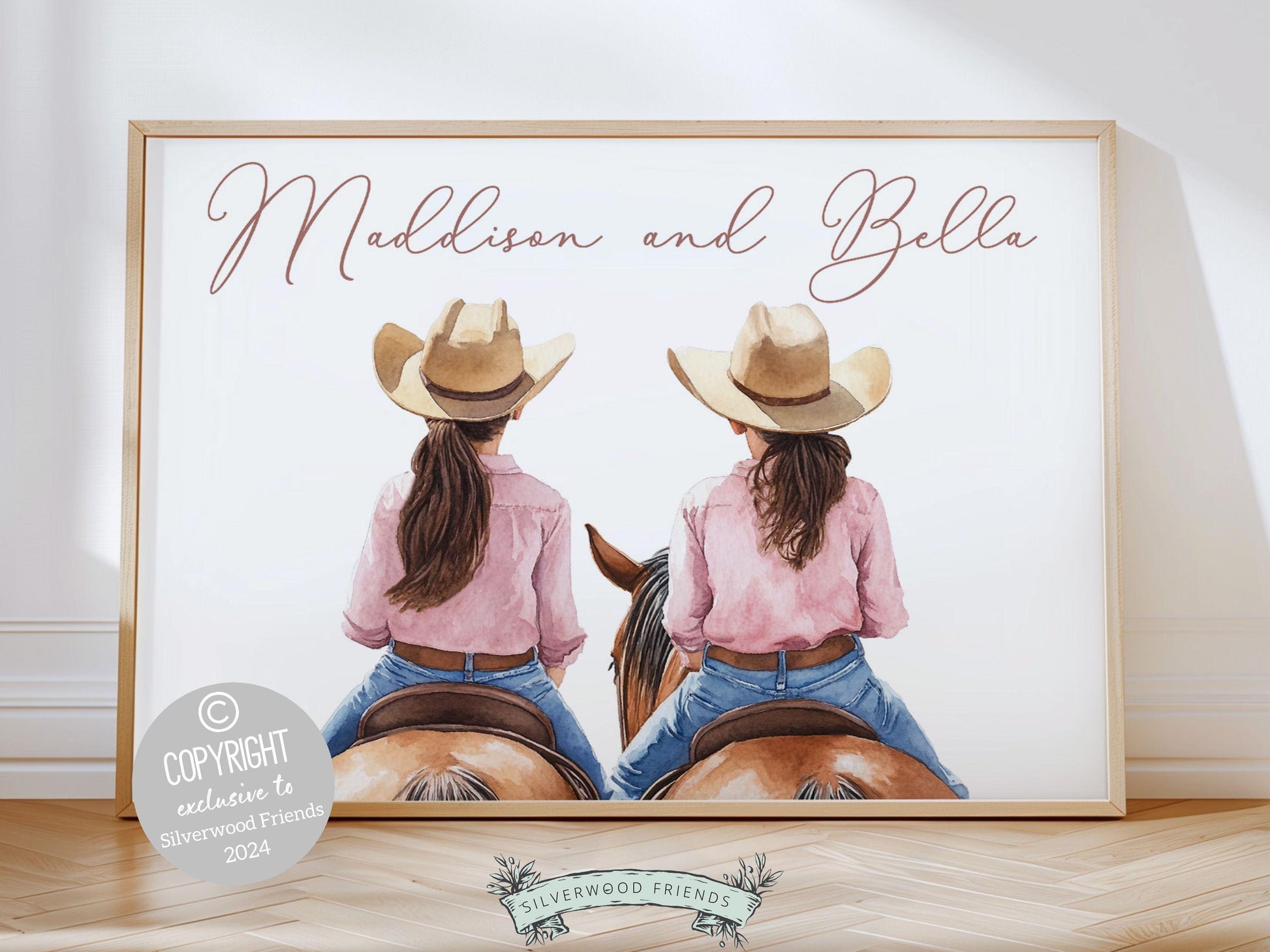 Immerse yourself in the timeless bond between little cowgirls and their horses with our enchanting custom name watercolor print, depicting two little girls riding their horse.