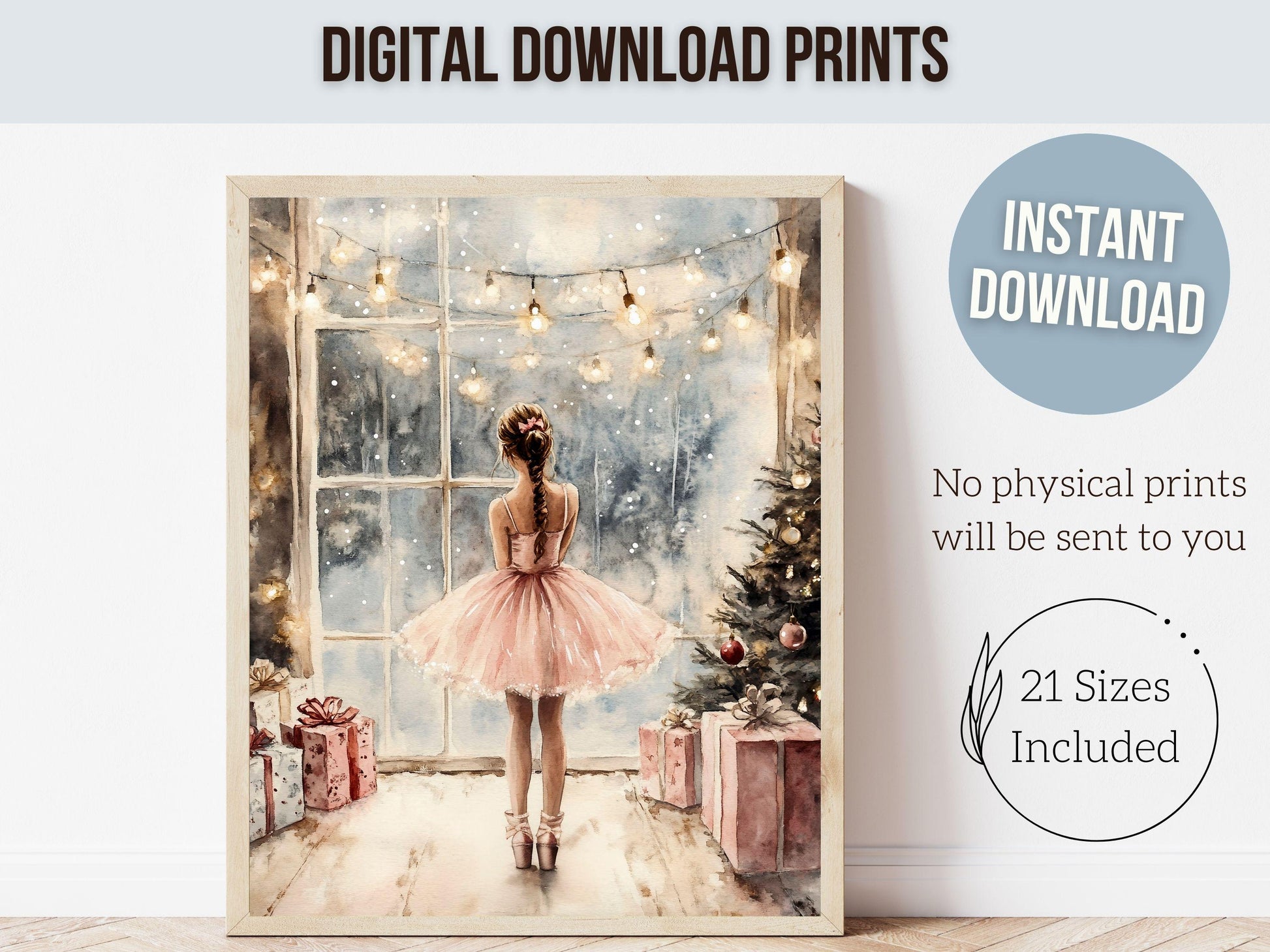 Ballerina Christmas Print, Ballet Nursery Decor Print, Festive Christmas Printable Wall Art, Seasonal Holiday Decor, Xmas Tree Digital Print
