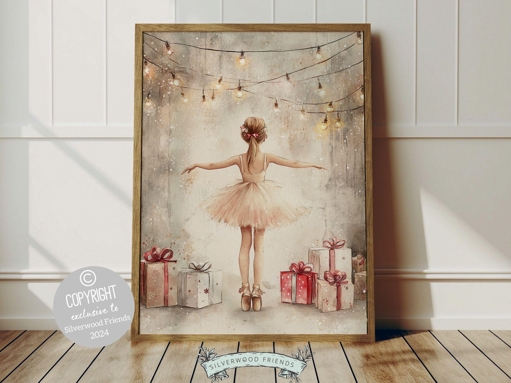 Our charming ballerina Christmas print showcases a sweet little ballerina in a pink tutu, standing under twinkling fairy lights by Christmas gifts and gazing at the falling snow. The perfect gift for a young ballet lover or a babys first Christmas.