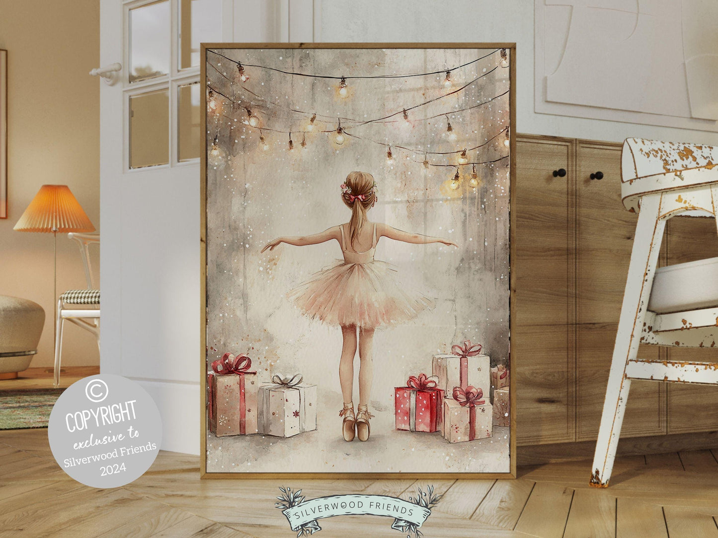 Ballerina Christmas Print, Ballet Nursery Decor Print, Festive Christmas Printable Wall Art, Seasonal Holiday Decor, Xmas Tree Digital Print