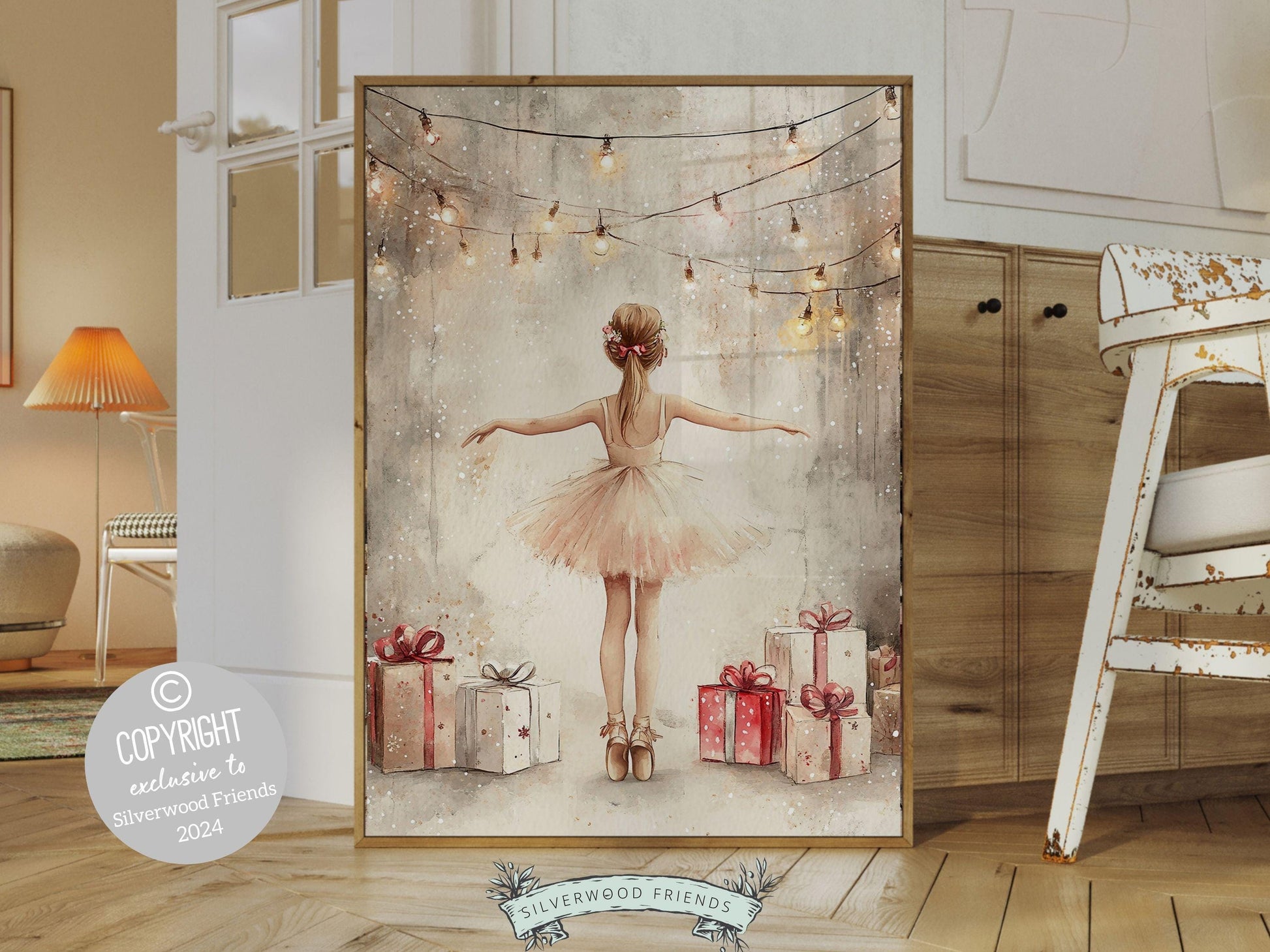 Ballerina Christmas Print, Ballet Nursery Decor Print, Festive Christmas Printable Wall Art, Seasonal Holiday Decor, Xmas Tree Digital Print